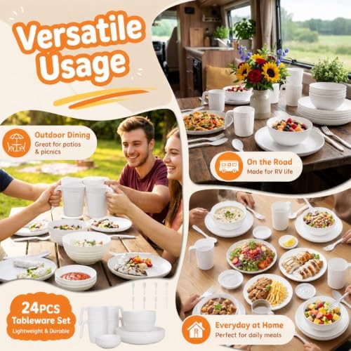 Wrova Wheat Straw Dinnerware Sets 24-Piece, White Plates and Bowls Set