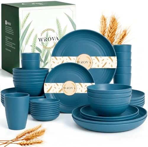 Wrova Plates and Bowls Set,Wheat Straw Dinnerware Sets,Blue Dish Set for 8