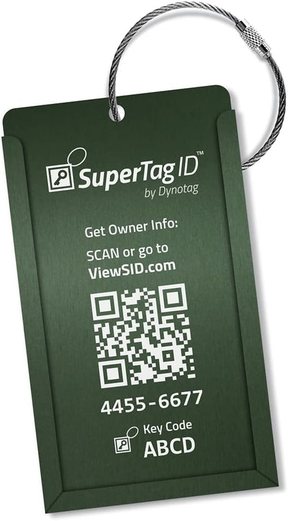 Dynotag® Web Enabled Smart Aluminum Convertible Luggage ID Tag + Braided Steel Loop, with DynoIQ™ & Lifetime Recovery Service (Emerald Green)