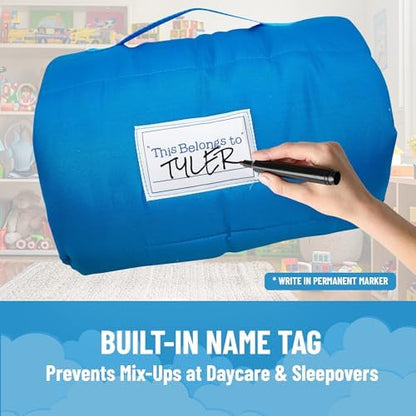 Jay Franco Kids Nap Mat with Embedded Pillow & Blanket – Soft 46"x20" Microfiber Sleeping Bag with Name Tag & Handle