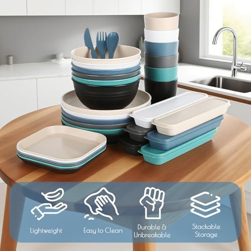 66 Pcs Wheat Straw Dinnerware Sets, Unbreakable Dinnerware Set, Reusable Wheat Straw Plates and Bowls Set for 6, Camping Mess Kit for Travel,Camping Essentials,Picnic,Home,Party