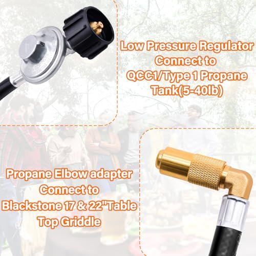 ABYDA 5 Feet Propane Regulator and Hose with Elbow Adapter for Blackstone 17 inch and 22 inch Table Top Griddle, Replacement Parts Connect to Large Propane Tank