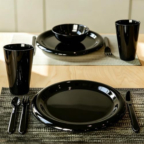 24Piece Plastic Plates and Bowls Sets Dinnerware Set Dishes Set for 4,College Dorm Room Essentials,Camping Plates and Bowls with Tumbler,Knives,Forks and Spoons,Mess Kit,Microwave Safe,BPA Free-Black