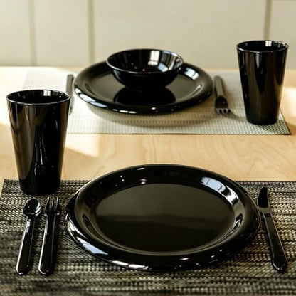 24Piece Plastic Plates and Bowls Sets Dinnerware Set Dishes Set for 4,College Dorm Room Essentials,Camping Plates and Bowls with Tumbler,Knives,Forks and Spoons,Mess Kit,Microwave Safe,BPA Free-Black