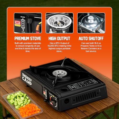 Portable Camping Stove 3000W Butane or Propane Fuel Compatable (Propane Adapter not Included), Automatic Ignition, Precise Heat Control, for Camping, Hiking, and Outdoor Cooking (Without Adapter Pipe)