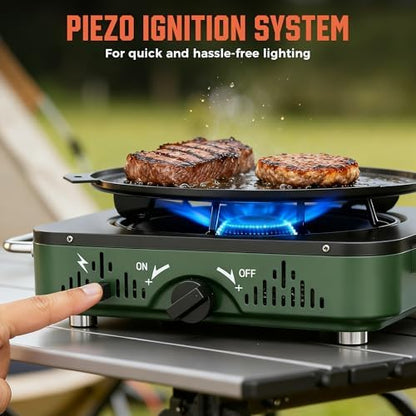 BIG HORN OUTDOORS 2 Burner Propane Camping Stove, Portable Camp Stove, Folding Gas Stove, Includes Frying Pan & Carry Bag for Camping, Emergency Use and Outdoor Cooking