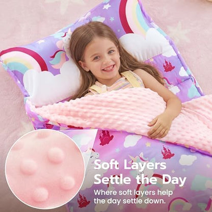 JOIEDOMI Toddler Nap Mat with Removable Pillow and Minky Blanket 55''x30'' Kids Sleeping Bag for Boys and Girls Ages 3-6 Roll Up Soft Nap Mats for Preschool Kindergarten Daycare Sleepover