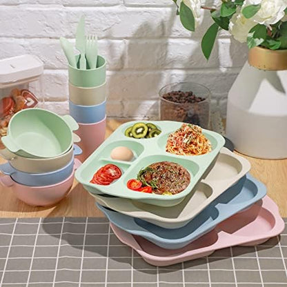 Honoson 24pcs Wheat Straw Dinnerware, Unbreakable, Beige/pink/green/blue