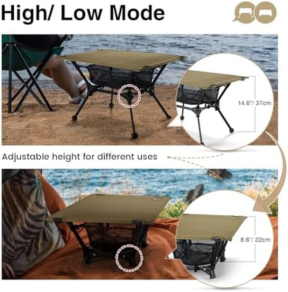 ONETIGRIS Dipper Camping Table, Lightweight Portable Folding Table with Mesh Storage Net, High/Low Options, Ideal for Camping, Hiking, Tailgating, Beach, Picnic, Travel, Backyard