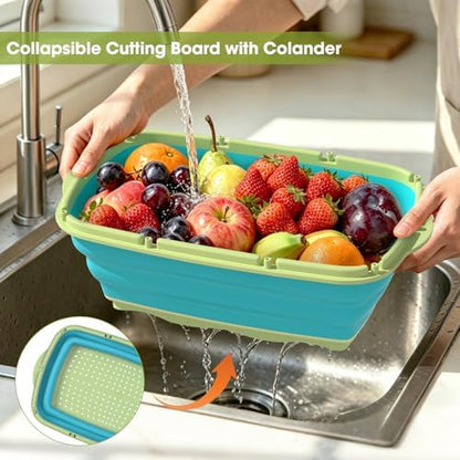 Gintan Camping Cutting Board, 9-in-1 Collapsible Chopping Board with Colander, Kitchen Vegetable Washing Basket for Camping, Camping Gifts Camping essentials for RV Campers (Blue Green)