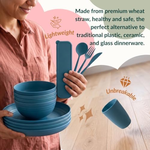 Homienly Wheat Straw Dinnerware Sets 28 Pcs Reusable Dish Set With Utensils