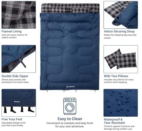 KingCamp Double Sleeping Bag for Adults, Queen Size 2 Person Sleeping Bag