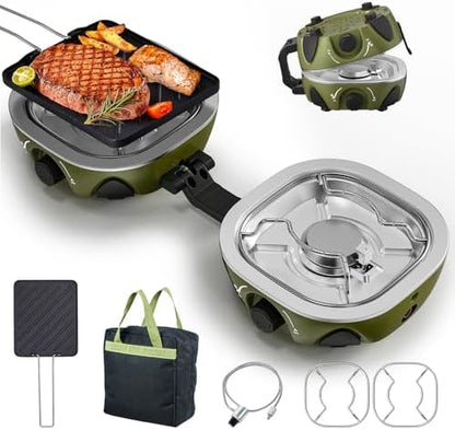 BODEGA 2 Burner Camping Stove,20000 BTU Foldable Propane Camp Stove with Pressure Adjustable Burners,Wind-Resistant Dual Gas Stoves with Portable Handle&Bag&GrillPan for Camping,BBQ,RV,Tailgating