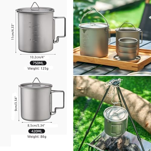 BY-J Titanium Camping Cookware Set – 750mL & 420mL Titanium Pot with Lid and Foldable Handle, Compact Backpacking and Travel Kitchenware for Camping, Hiking and Fishing