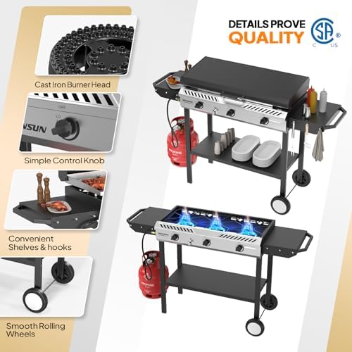 ROVSUN 2-in-1 Propane Stove & 33'' Griddle Combo with Ignition, 3 Burner 225,000 BTU Gas Stove & Grill with Side Shelves, Rolling Wheel & Regulator for Home Outdoor Backyard Camping Cooking Grilling