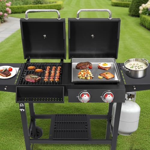 2-Burner Gas & Charcoal Combo Grill with Griddle, Black
