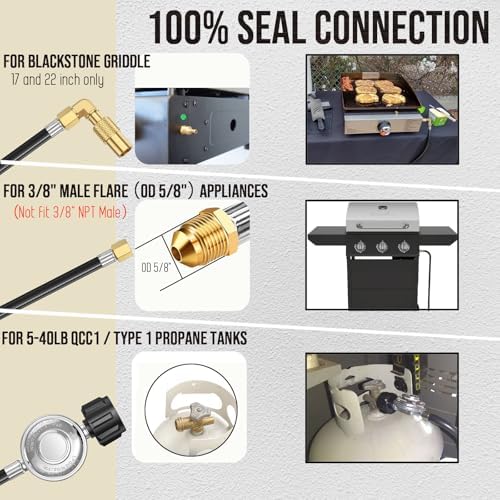 5 Feet Propane Regulator and Hose with Elbow Adapter for Blackstone 17 inch and 22 inch Table Top Griddle, QCC1 to 3/8 Female Flare Nut Hose and Regulator for Most LP Gas Grill Heater and Fire Pit