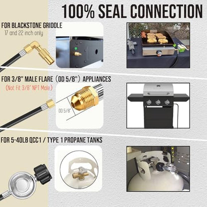 5 Feet Propane Regulator and Hose with Elbow Adapter for Blackstone 17 inch and 22 inch Table Top Griddle, QCC1 to 3/8 Female Flare Nut Hose and Regulator for Most LP Gas Grill Heater and Fire Pit