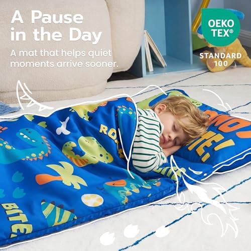 JOIEDOMI Toddler Nap Mat with Removable Pillow and Minky Blanket 55''x30'' Kids Sleeping Bag for Boys and Girls Ages 3-6 Roll Up Soft Nap Mats for Preschool Kindergarten Daycare Sleepover