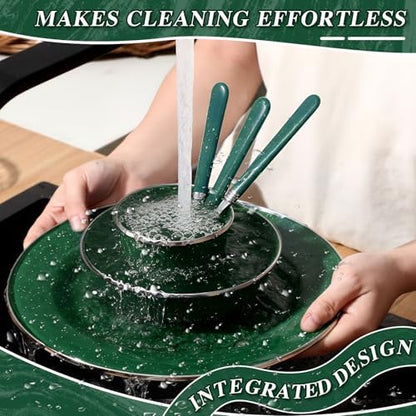 Nuogo 48 Pcs Camping Dinnerware Enamel Mugs Plates Bowls Utensils, Green