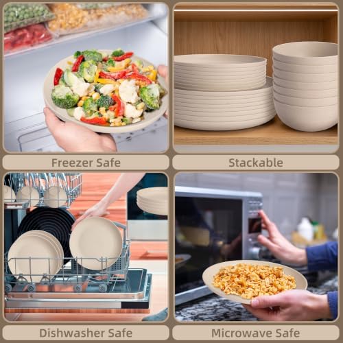 32 Pcs Wheat Straw Dinnerware Set for 8, Cream Reusable Plates and Bowls Set, Microwave Safe Lightweight Unbreakable Dishes Set for Kitchen, Camping, Outdoor, RV