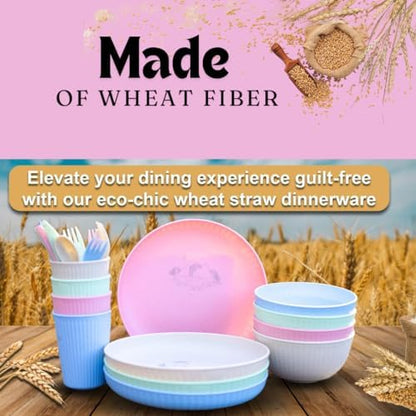 24 Pcs Wheat Straw Dinnerware Sets for 4-Unbreakable Reusable Plates and Bowls Sets Lightweight BPA Free,Microwave Safe,RV Camping Colourful cups Dishes for Dessert with Knife Fork