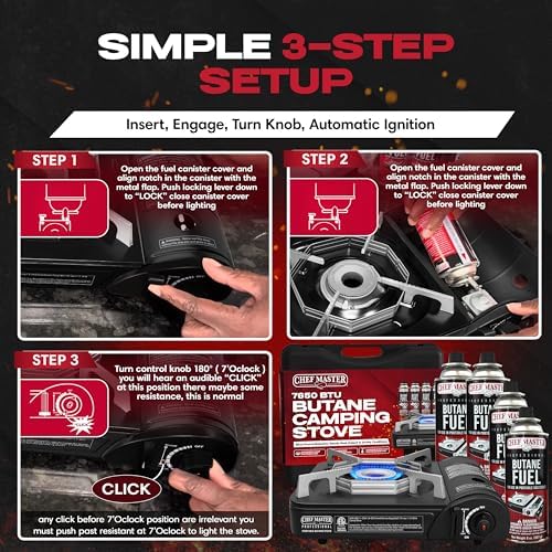 Chef Master Butane Camping Stove - Combo w/ 4 Fuel Canisters - 7,650 BTU