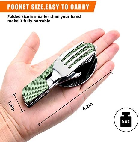 HIKENTURE Camping Utensils 2 Pack, 4-In-1 Spoon Fork Knife Set(Green 2pack)