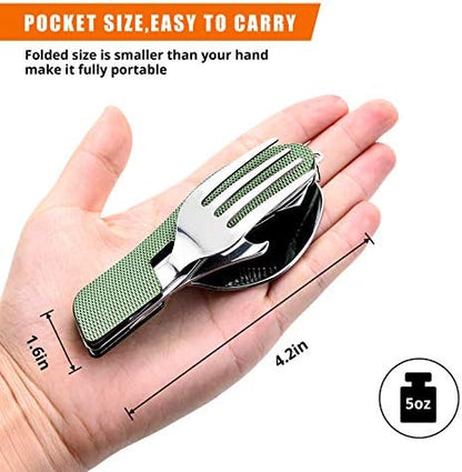 HIKENTURE Camping Utensils 2 Pack, 4-In-1 Spoon Fork Knife Set(Green 2pack)