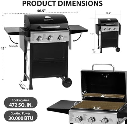 MASTER COOK 3 Burner BBQ Propane Gas Grill, 472 Sq. In. Cooking Area, 30,000 BTU Stainless Steel Barbecue Grill with Two Foldable Shelves for Outdoor Patio, Backyard