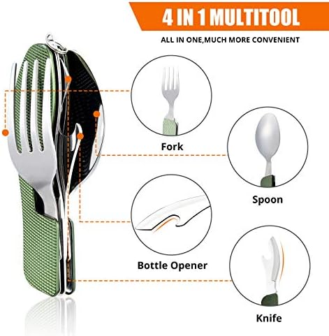 HIKENTURE Camping Utensils 2 Pack, 4-In-1 Spoon Fork Knife Set(Green 2pack)