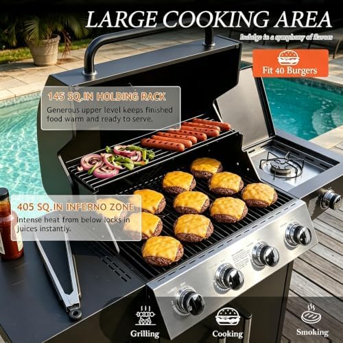 ROVSUN 4-Burner Propane Gas BBQ Grill with Side Burner & Enameled Cast Iron Grates, 58,000 BTU Barbecue Grill with Wheels for Outdoor Patio Backyard Cooking Grilling, Black