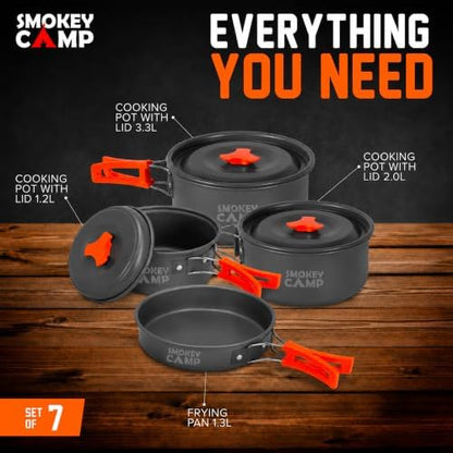Smokey Camp Camping Cookware Mess Kit Set with Stove - Backpacking Camping Pots and Pans Set, All in One Non-Stick Camping Cooking Set, Portable Stove, Hiking, Picnic, Outdoor & Camping Cookware Set