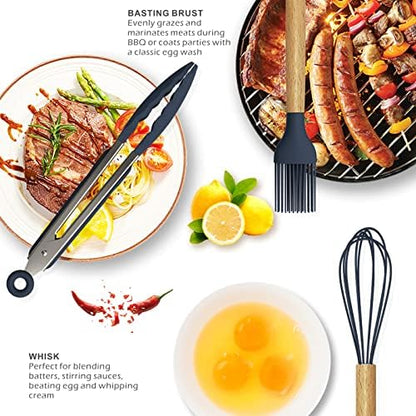 oannao Silicone Cooking Utensils Set - 446°F Heat Resistant Silicone Kitchen Utensils for Cooking,Kitchen Utensil Spatula Set w Wooden Handles, BPA FREE Gadgets for Non-Stick Cookware (Navy Blue)