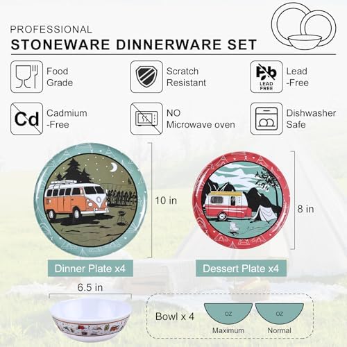 Melamine Dinnerware Set, 12-Piece Camping Dishes, Service for 4