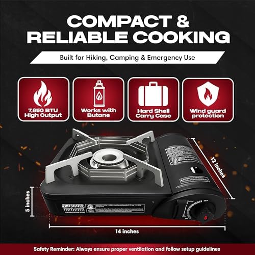 Chef Master Butane Camping Stove - Combo w/ 4 Fuel Canisters - 7,650 BTU