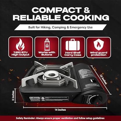 Chef Master Butane Camping Stove - Combo w/ 4 Fuel Canisters - 7,650 BTU