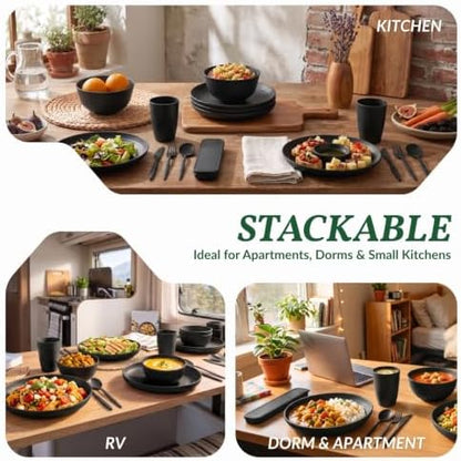 Homienly Plates and Bowls Sets 28 Pcs Black Wheat Straw Dinnerware Sets
