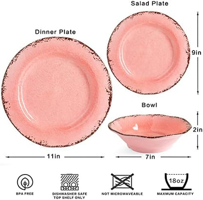 LEHAHA Pink Vintage Melamine Dinnerware Sets, Farmhouse RV Dishes Set for 4