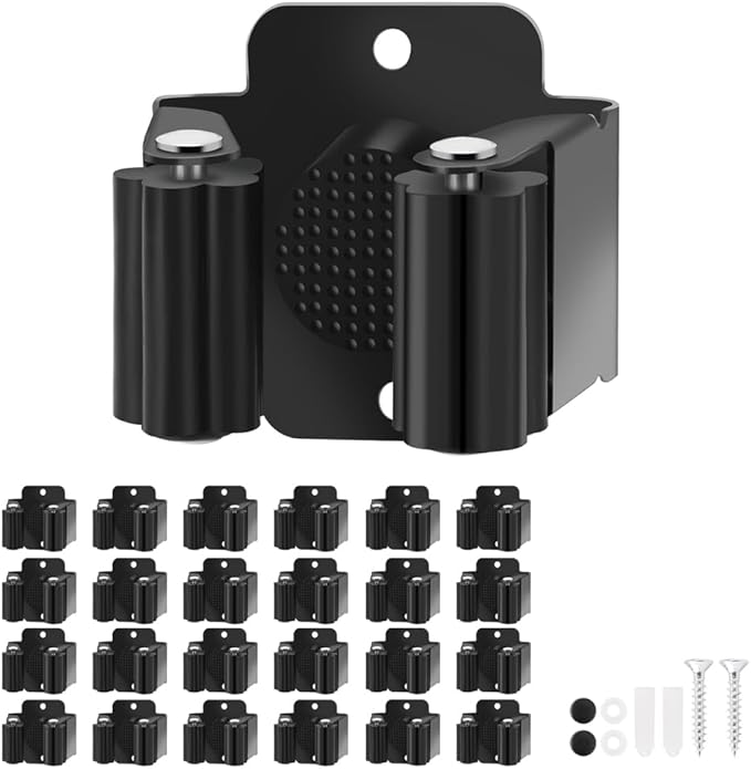 Broom Holder Wall Mount, 24PCS Broom Hanger Wall Mount, Stainless Steel Heavy Duty Mop Holder Broom Mop Hanger Wall with Screws, Garden Outdoor Tool Organizer Rack Broom Hanger (Black)