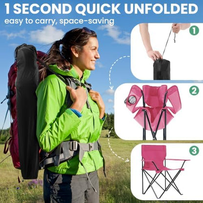 4 Pack Folding Camping Chairs for Outdoor, Foldable Portable Lawn Chairs with Carry Bag & Cup Holder, Compact Design for Camp, Beach, Picnics, and Fishing Supports 300LBS（Pink）