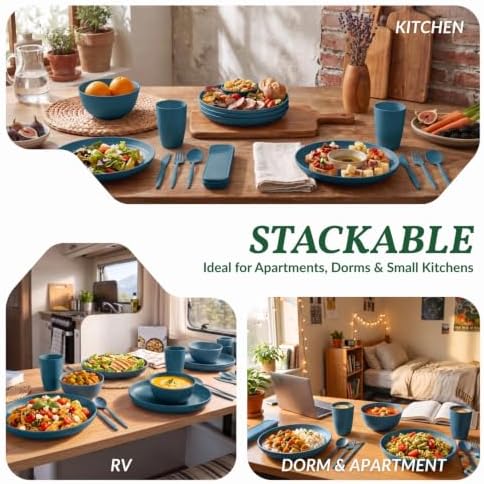 Homienly Wheat Straw Dinnerware Sets 28 Pcs Reusable Dish Set With Utensils