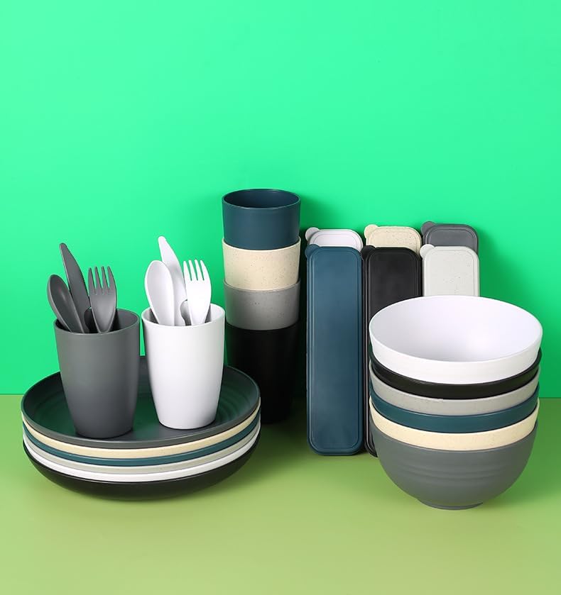 28pcs Dinnerware Reusable Sets for 4 - Perfect for Picnic, Dorm,Camping Plates Cups and Bowls Set -Dark Grey