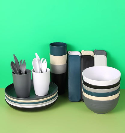 28pcs Dinnerware Reusable Sets for 4 - Perfect for Picnic, Dorm,Camping Plates Cups and Bowls Set -Dark Grey