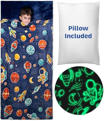 Kids Sleeping Bag for Boys & Girls - Glow in The Dark for Ages 3+, Large With Pillow Pocket, Extra Soft Toddler Blanket (66" x 33")