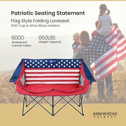 ARROWHEAD OUTDOOR 2-Pack Portable Folding Camp Loveseat Chair w/Glass & Cup Holders, Heavy Duty Carry Bag, 650 lbs Weight Capacity