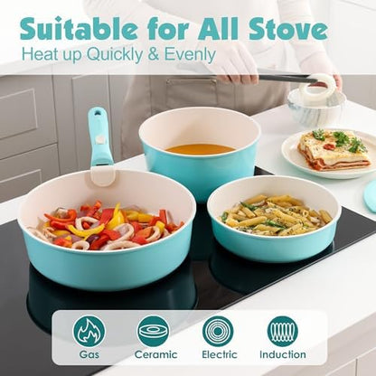 SENSARTE 24 Piece Ceramic Detachable Handle Pots and Pans Set Turquoise