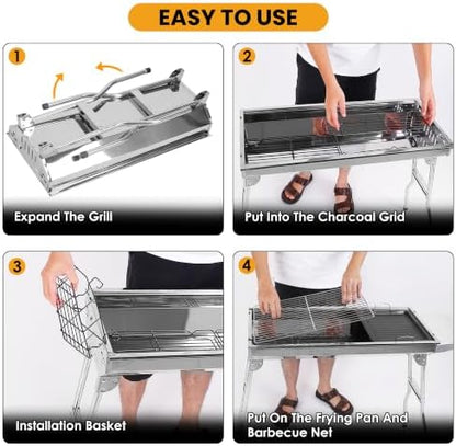 Portable Charcoal Grill, Large Stainless Steel Folding BBQ Grill with Storage Shelf, Foldable Barbecue Grill for Outdoor Cooking Camping Hiking Backyard Garden Picnic Parties Kabob (39x13.4x28 Inch)
