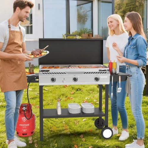 Bonnlo 2-in-1 Propane Stove and Griddle, 3 Burner Outdoor Gas Cooker with Iginition, Storage Shelf and Portable Wheels, 225000BTU Output Camping Stove for Backyard Cooking BBQ Frying and Boiling