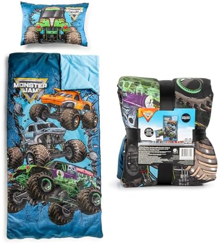 Jay Franco Kids Slumber Bag and Pillow - 54 x 27 Inch Comfy Indoor Sleeping Bag for School and Sleepovers, 2 Piece Set, Blue - Monster Jam